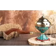 Räuchergefäß - Selena - Messing mit Holzgriff - mit farbigen Ziersteinen