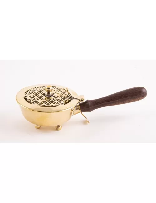 Räuchergefäß mit Holzgriff - aus Messing mit Blume des Lebens ca. 20x7cm