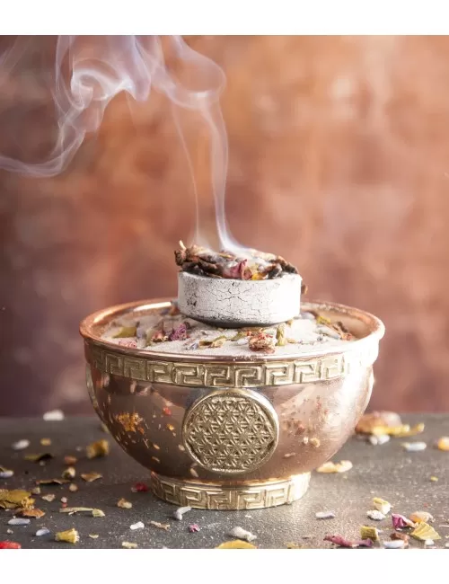 Räucherschale - Blume des Lebens aus Kupfer mit Messingverzierung ca. 8x4,5 cm