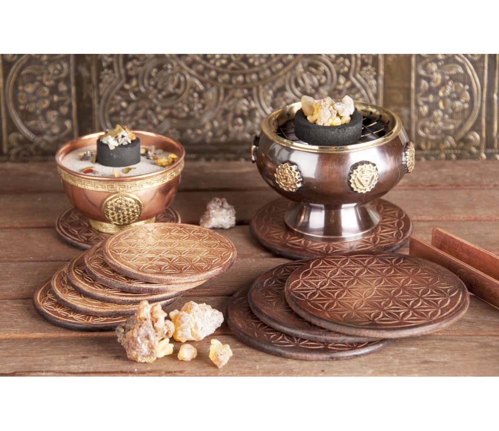 Gefäßuntersetzer mit Blume des Lebens, aus Holz - 6 er Pack