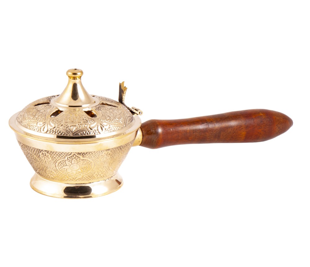 Räuchergefäß - Arabia mit Holzgriff und Deckel aus Messing - 25x9 cm