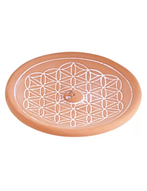 Räucherstäbchenhalter rund mit Blume des Lebens - aus Keramik - Natur