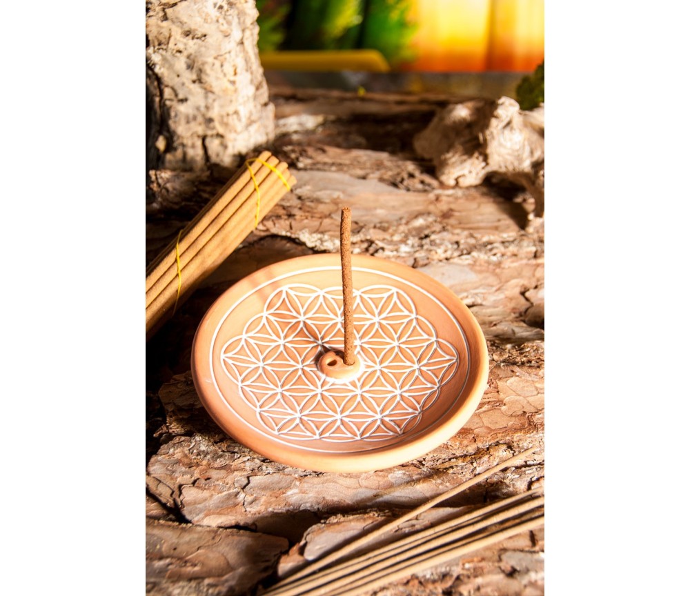 Räucherstäbchenhalter rund mit Blume des Lebens - aus Keramik - Natur