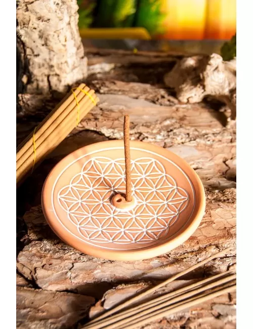 Räucherstäbchenhalter rund mit Blume des Lebens - aus Keramik - Natur
