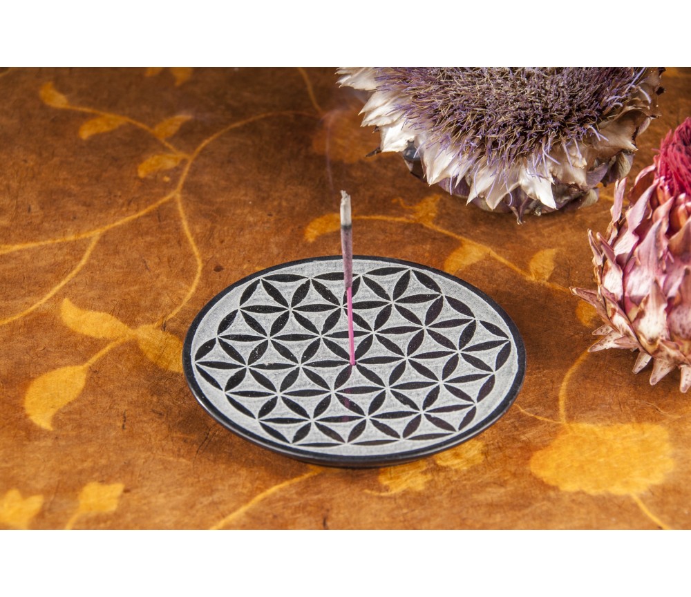 Räucherstäbchenhalter rund - Blume des Lebens, schwarz