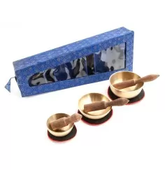Klangschalen 3erSet- mit Kissen & Klöppel -  in blauer Box