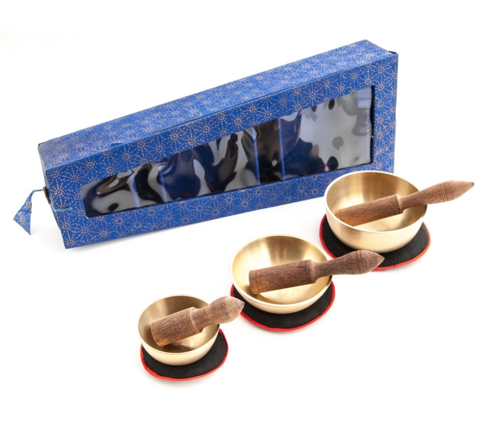 Klangschalen 3erSet- mit Kissen & Klöppel -  in blauer Box