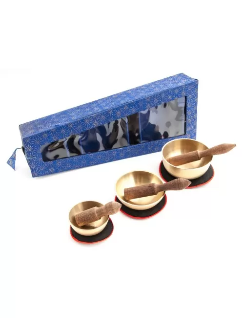 Klangschalen 3erSet- mit Kissen & Klöppel - in blauer Box