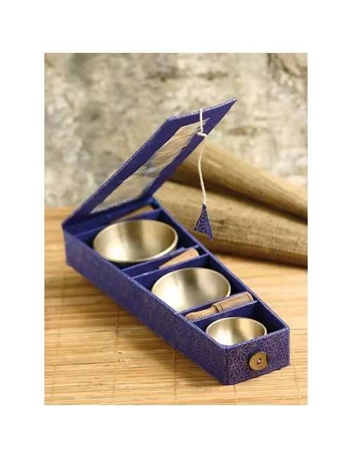 Klangschalen 3erSet- mit Kissen & Klöppel - in blauer Box