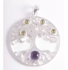 Anhänger - Yggdrasil mit Peridot & Amethyst - 925 Sterling Silber, ca. 2,9 cm