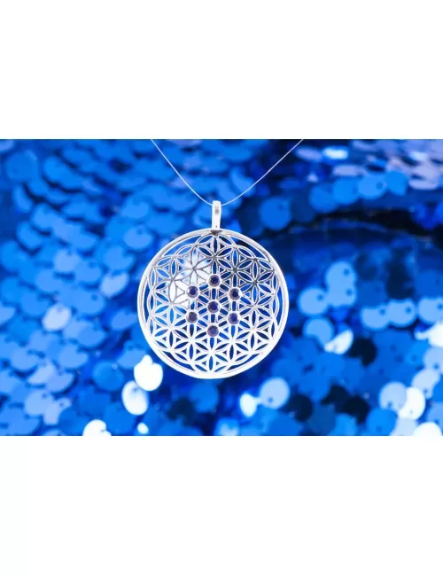 Anhänger - Blume des Lebens mit blauen Saphiren - 925er Silber