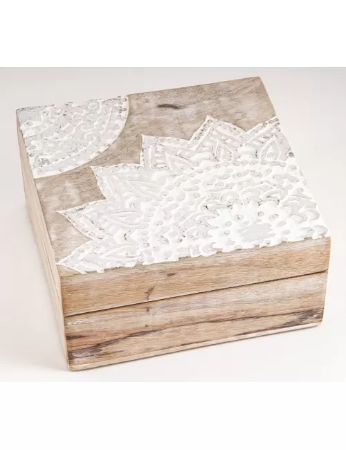 Holztruhe Schatz - & Holzbox - Mandala Silber, groß Mangoholz ca. 17,5x17,5x8,5 cm