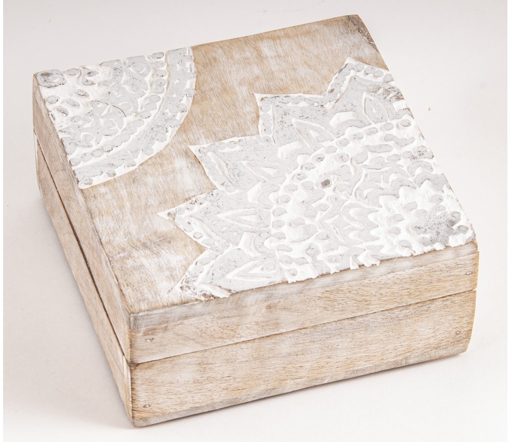 Holztruhe Schatz - & Holzbox - Mandala Silber, klein Mangoholz ca. 13,5x13,5x6,5cm