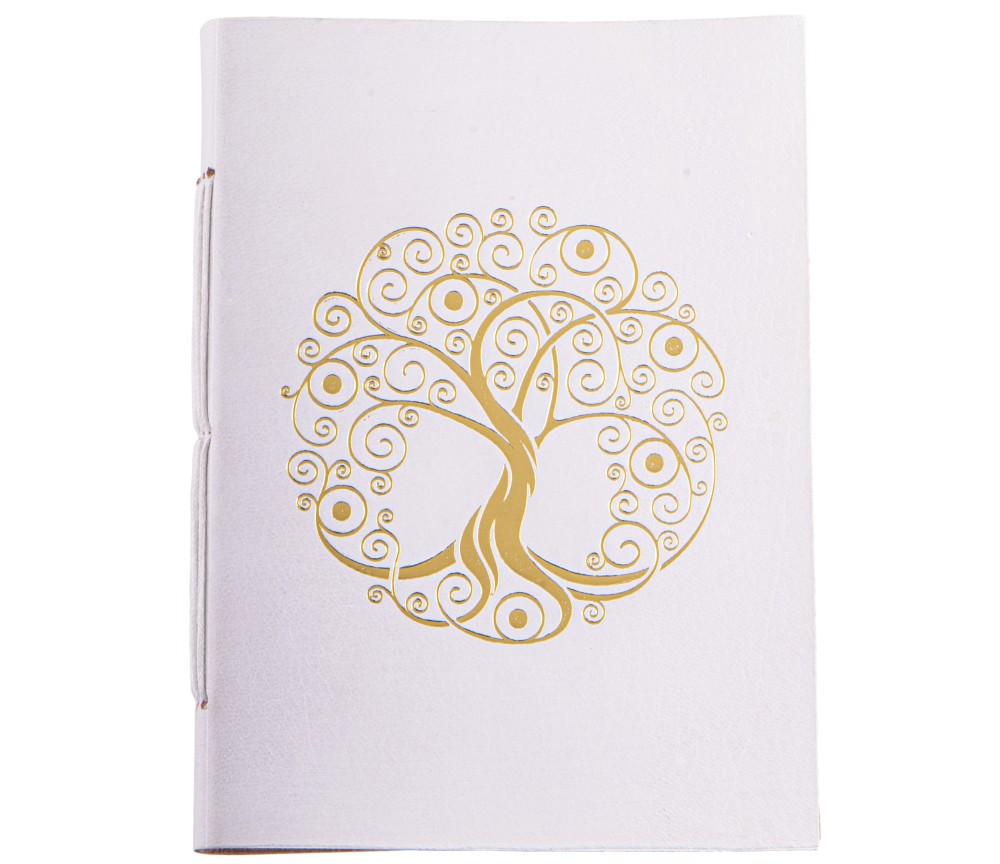 Schreibbuch - Lebensbaum weiß/gold 144 Seiten  - Ledereinband mit goldener Prägung 18x13 cm