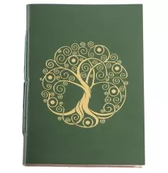 Schreibbuch - Lebensbaum grün/gold 144 Seiten - Ledereinband mit goldener Prägung 18x13 cm