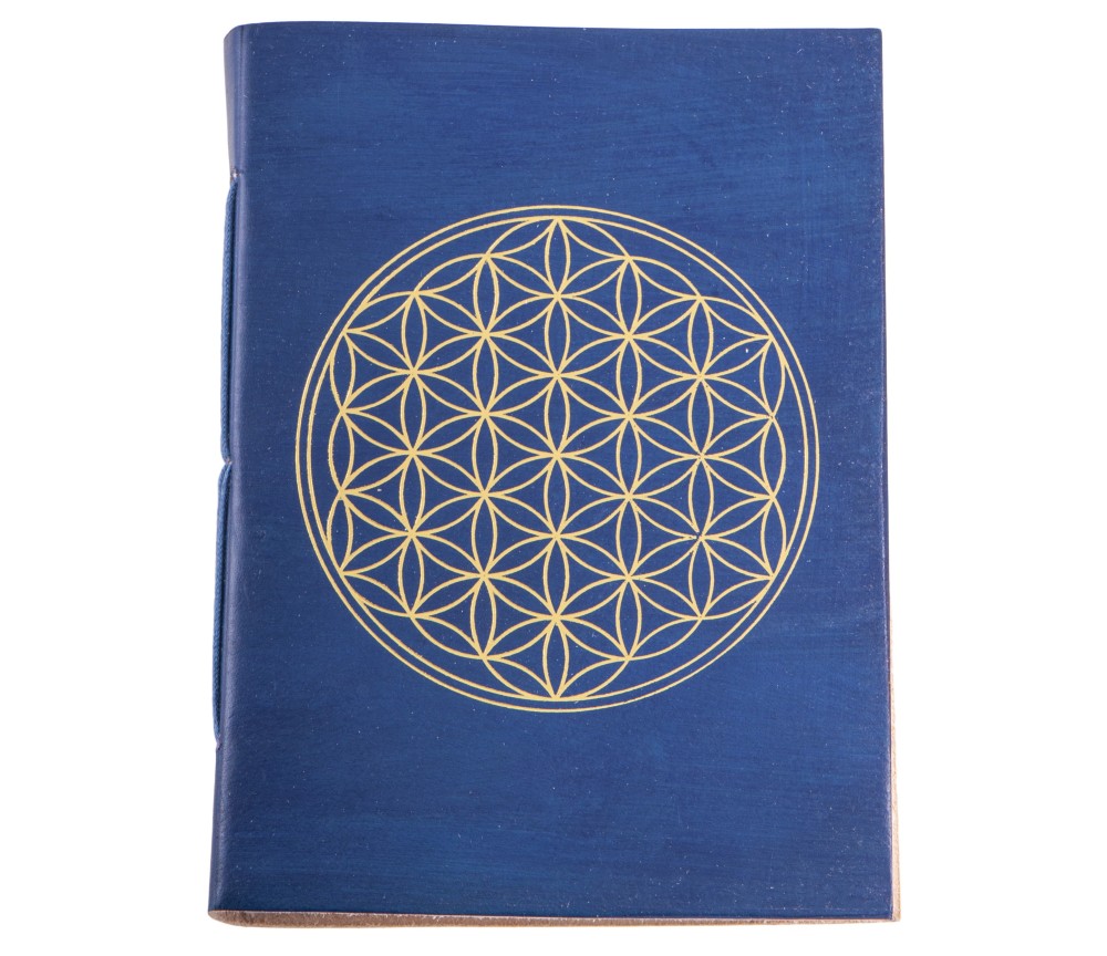 Schreibbuch - Lebensblume blau/gold 144 Seiten - Ledereinband mit goldener Prägung 18x13 cm