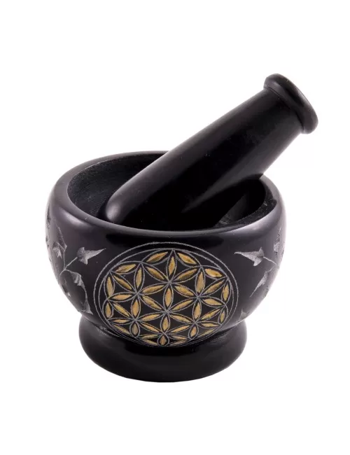 Mörser - mit Blume des Lebens - Speckstein - schwarz/gold