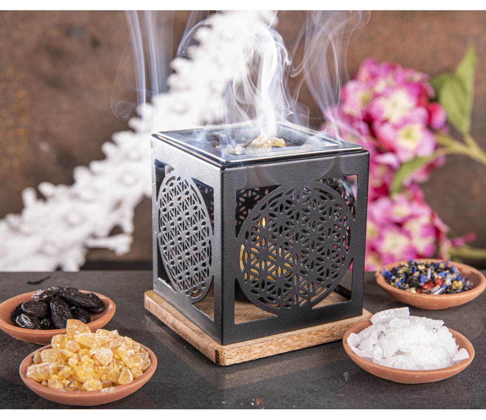 Räuchergefäß - Blume des Lebens- mit Sieb für Teelichter-schwarz