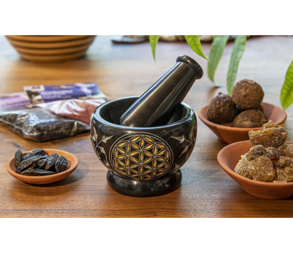 Mörser - mit Blume des Lebens - Speckstein - schwarz/gold