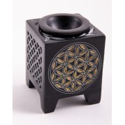 Aromalampe - Blume des Lebens - 4eck - Speckstein-schwarz/gold -8x6x6cm
