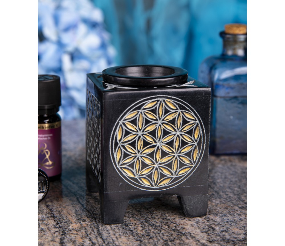 Aromalampe - Blume des Lebens - 4eck - Speckstein-schwarz/gold -8x6x6cm