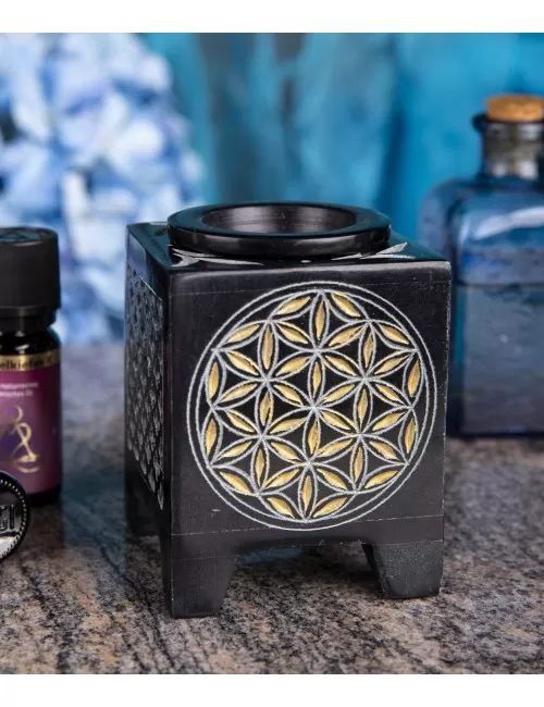 Aromalampe - Blume des Lebens - 4eck - Speckstein-schwarz/gold -8x6x6cm