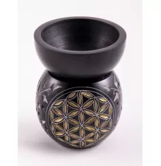 Aromalampe - Blume des Lebens - Rund - Speckstein-schwarz/gold -10x8cm