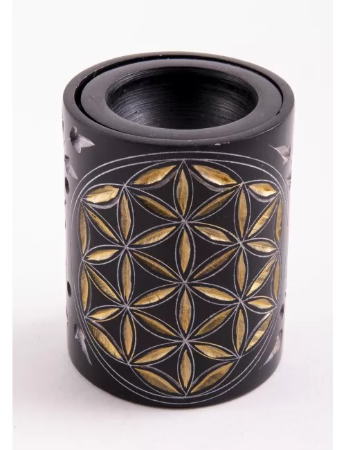 Aromalampe - Blume des Lebens - Zylinder - Speckstein-schwarz/gold -7,5x5,5cm