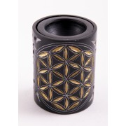 Aromalampe - Blume des Lebens - Zylinder - Speckstein-schwarz/gold -7,5x5,5cm