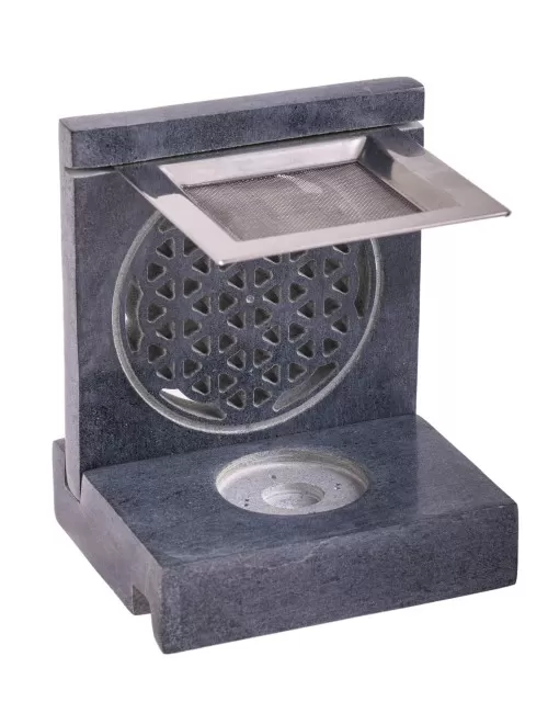 Räuchergefäß - Blume des Lebens - mit Sieb für Teelichter -4eckig - Speckstein