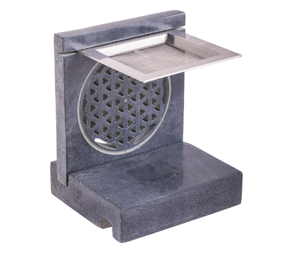 Räuchergefäß - Blume des Lebens - mit Sieb für Teelichter -4eckig - Speckstein