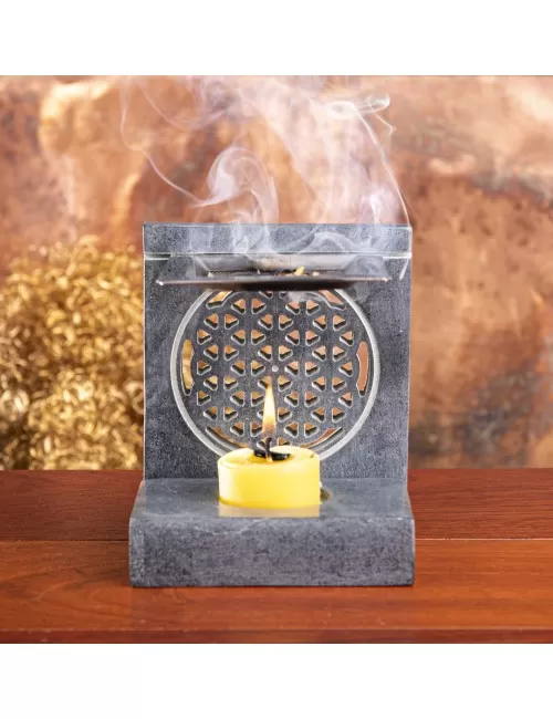 Räuchergefäß - Blume des Lebens - mit Sieb für Teelichter -4eckig - Speckstein
