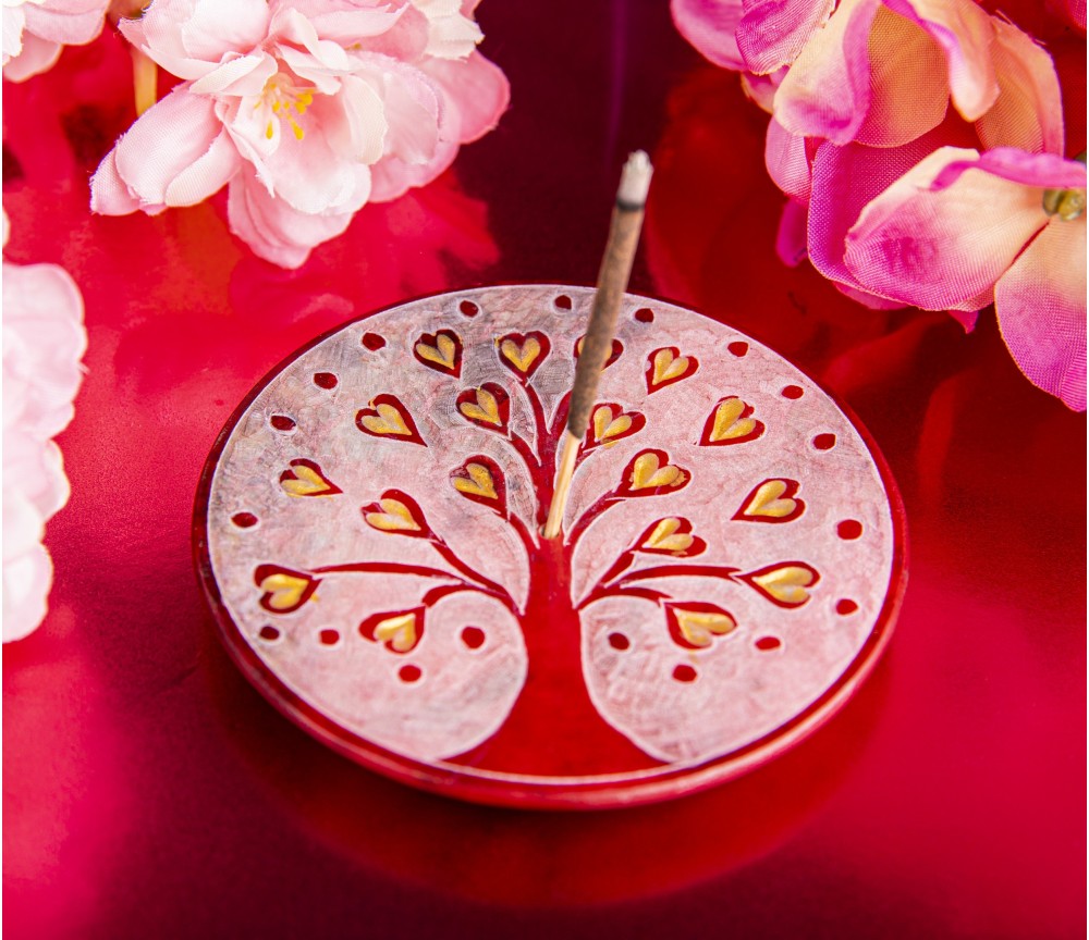 Räucherstäbchenhalter - Lebensbaum Herzchen - rot - rund - 7,5cm