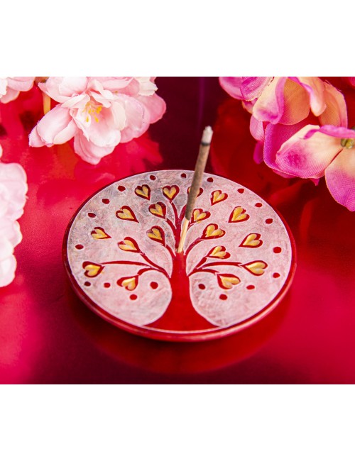 Räucherstäbchenhalter - Lebensbaum Herzchen - rot - rund - 7,5cm