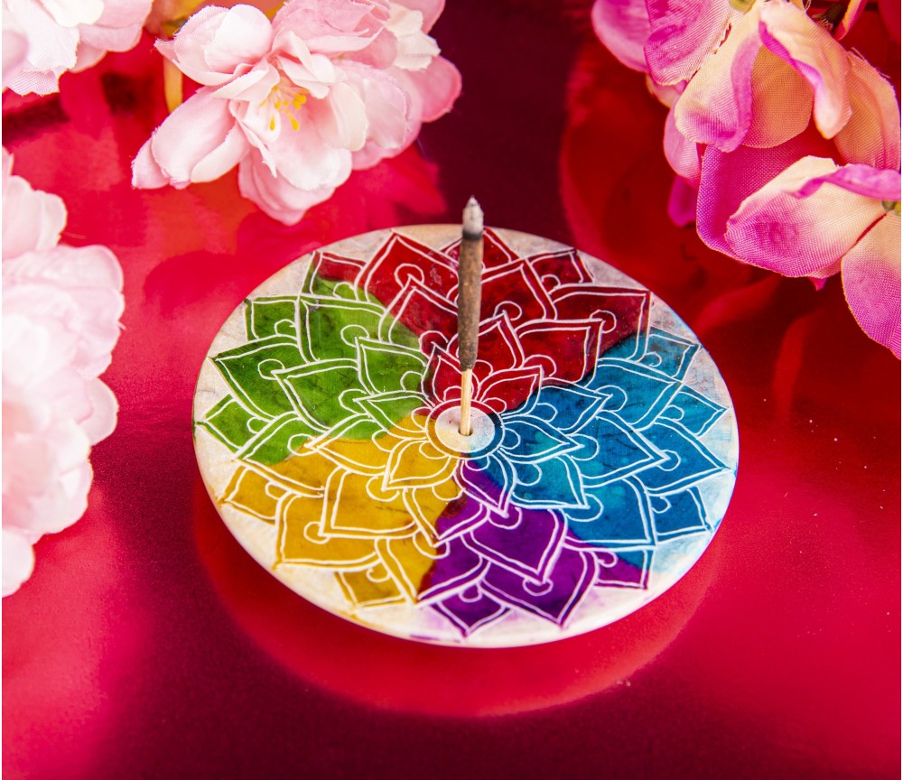 Räucherstäbchenhalter - Regenbogen Mandala - Speckstein - rund - 7,5cm