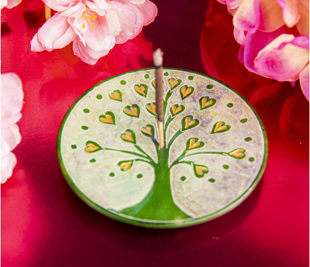 Räucherstäbchenhalter - Lebensbaum Herzchen - grün - rund - 7,5cm