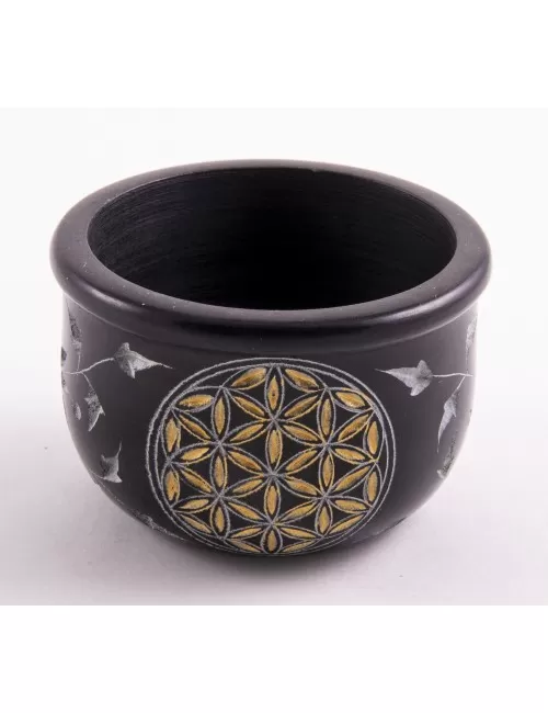 Räucherschale - Blume des Lebens - schwarz - gold aus Speckstein