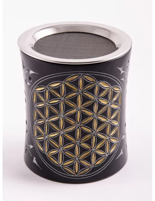 Räuchergefäß - Blume des Lebens mit Sieb - für Teelichter- schwarz gold aus Speckstein