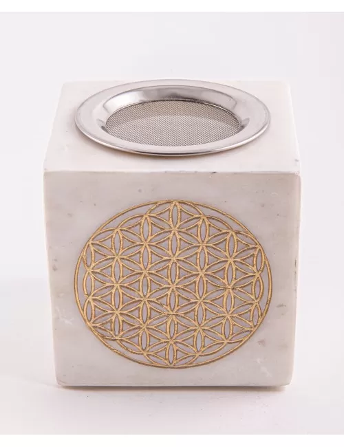 Räuchergefäß & Aromalampe - 2in1- Blume des Lebens gold mit Sieb - Marmor