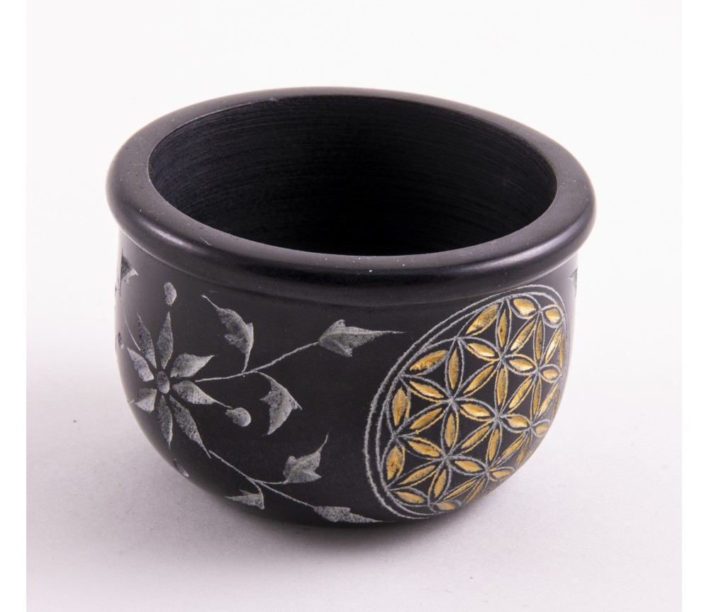 Räucherschale - Blume des Lebens - schwarz - gold aus Speckstein