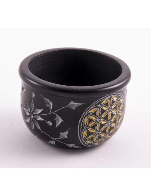 Räucherschale - Blume des Lebens - schwarz - gold aus Speckstein