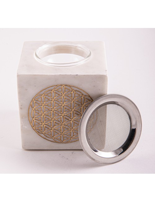 Räuchergefäß & Aromalampe - 2in1- Blume des Lebens gold mit Sieb - Marmor