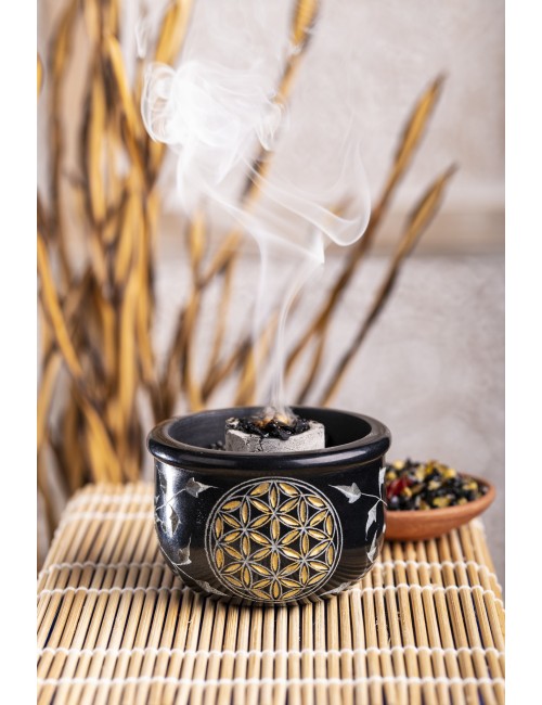 Räucherschale - Blume des Lebens - schwarz - gold aus Speckstein