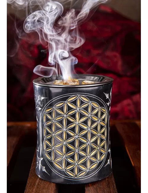 Räuchergefäß - Blume des Lebens mit Sieb - für Teelichter- schwarz gold aus Speckstein