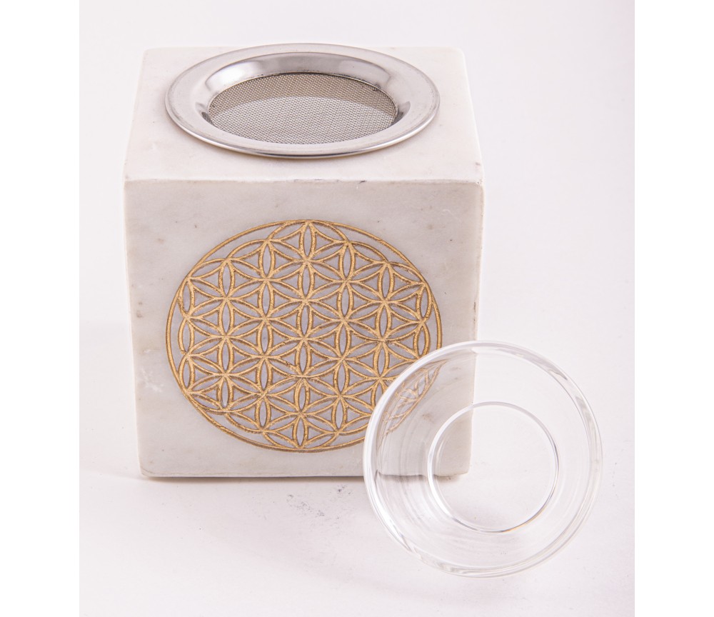 Räuchergefäß & Aromalampe - 2in1- Blume des Lebens gold mit Sieb - Marmor