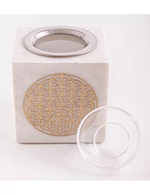 Räuchergefäß & Aromalampe - 2in1- Blume des Lebens gold mit Sieb - Marmor
