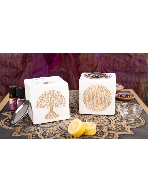 Räuchergefäß & Aromalampe - 2in1- Blume des Lebens gold mit Sieb - Marmor