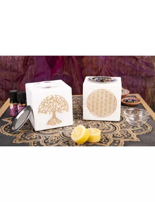 Räuchergefäß & Aromalampe - 2in1- Blume des Lebens gold mit Sieb - Marmor