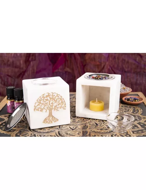 Räuchergefäß & Aromalampe - 2in1- Lebensbaum gold mit Sieb - Marmor