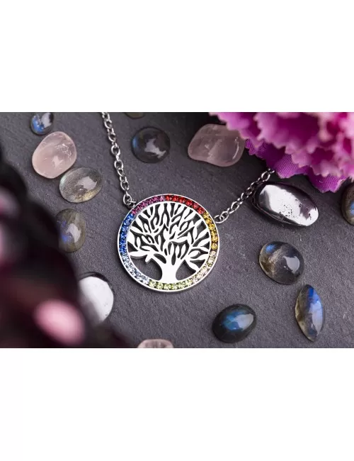 Kette mit Anhänger - Lebensbaum im Chakrarad, Edelstahl - 45 cm